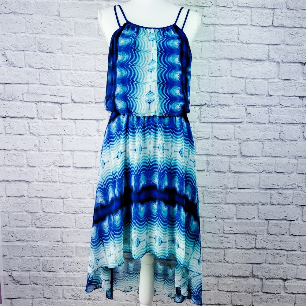 Bisou Bisou Spaghetti Strap Cinched Waist High Low Waterfall Chiffon Dress